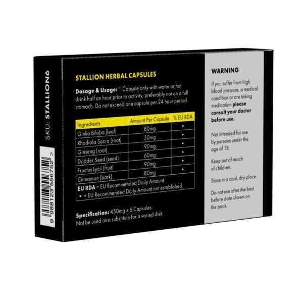 Stallion Herbal Capsules, Back of Pack